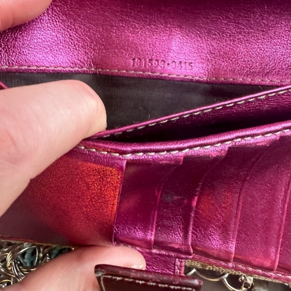 Gucci Brown Tan Canvas and Leather Wallet Crossbody Silver Chain Pink Interior - Picture 9 of 11